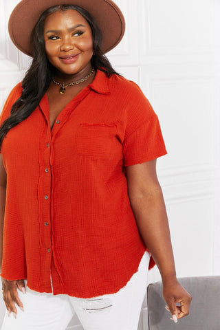 Zenana Full Size Summer Breeze Gauze Short Sleeve Shirt in Copper - Crazy Daisy Boutique
