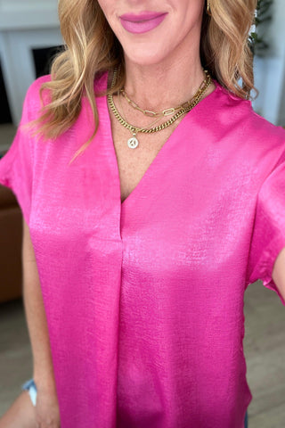 Pleat Front V-Neck Top in Hot Pink - Crazy Daisy Boutique