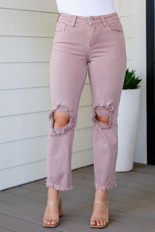 Babs High Rise Distressed Straight Jeans in Mauve - Crazy Daisy Boutique
