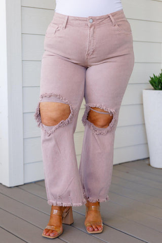Babs High Rise Distressed Straight Jeans in Mauve - Crazy Daisy Boutique