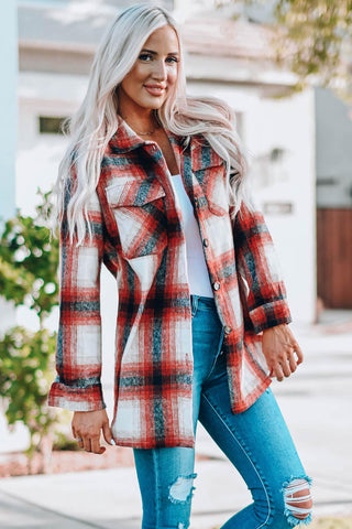 Double Take Plaid Button Up Shirt Jacket with Pockets - Crazy Daisy Boutique