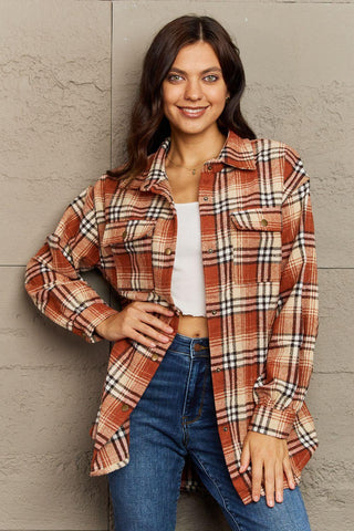 Full Size Plaid Collared Neck Button-Down Long Sleeve Jacket - Crazy Daisy Boutique