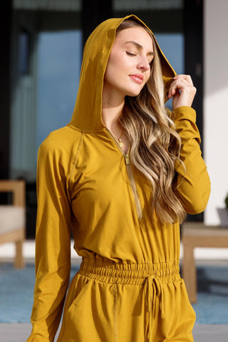 Getting Out Long Sleeve Hoodie Romper Gold Spice - Crazy Daisy Boutique