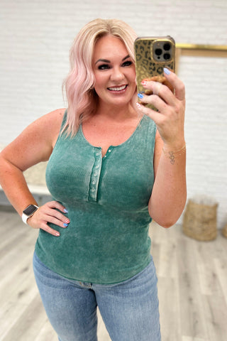 Mineral Washed Ribbed Henley Tank in Dark Green - Crazy Daisy Boutique