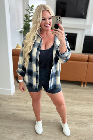 Oversized Longline Plaid Shacket in Navy - Crazy Daisy Boutique