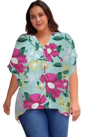 Plus Size Printed Notched Neck Half Sleeve Top - Crazy Daisy Boutique
