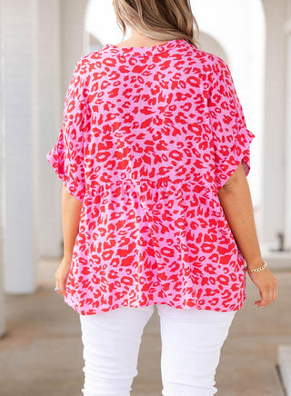 Plus Size Printed Notched Neck Half Sleeve Top - Crazy Daisy Boutique