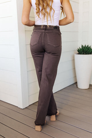 Sybil High Rise Frayed Hem 90's Straight Jeans in Brown - Crazy Daisy Boutique