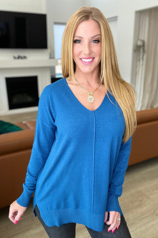 V-Neck Front Seam Sweater in Heather Classic Blue - Crazy Daisy Boutique