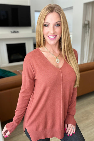 V-Neck Front Seam Sweater in Heather Rust - Crazy Daisy Boutique