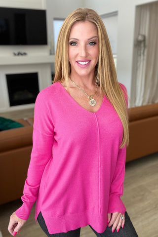 V-Neck Front Seam Sweater in Neon Hot Pink - Crazy Daisy Boutique