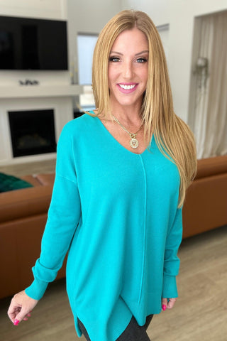 V-Neck Front Seam Sweater in Turquoise - Crazy Daisy Boutique