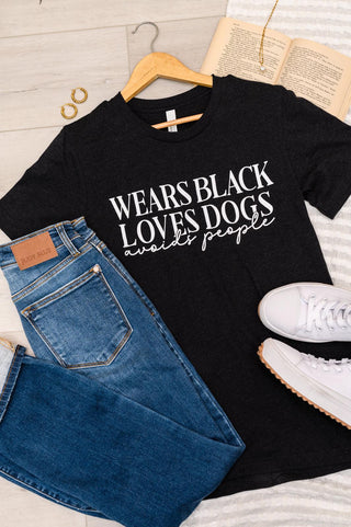 Wears Black, Loves Dogs Graphic Tee in Heather Black - Crazy Daisy Boutique